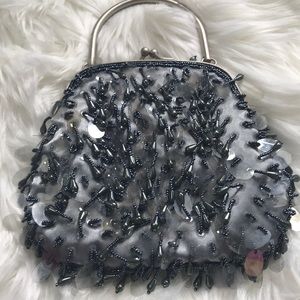Loft Beaded Silver Satin and Paillette Evening Bag